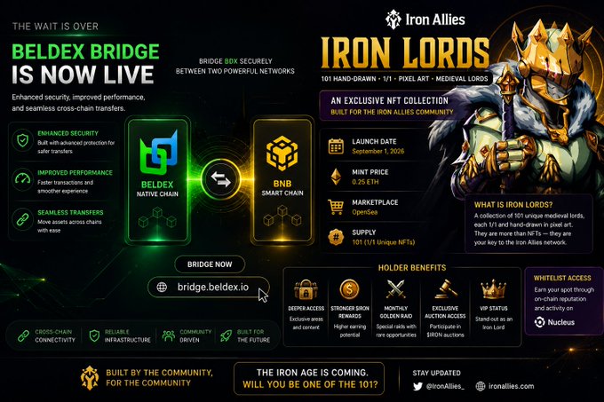 A promotional graphic for 'Iron Lords' NFT collection by Iron Allies, announcing the Beldex Bridge launch with details on launch date, mint price, and holder benefits.