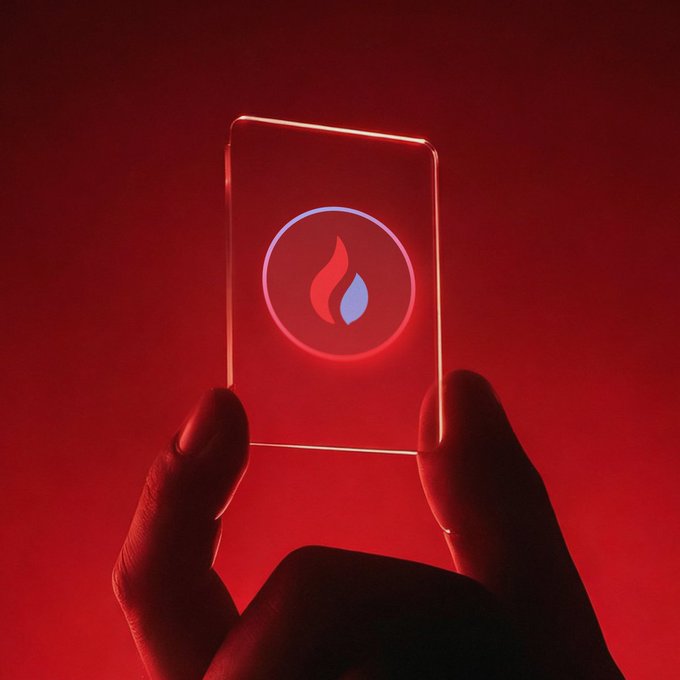 A hand holding up a transparent square plaque illuminated in red light, displaying the Sui blockchain logo (a flame and water drop).