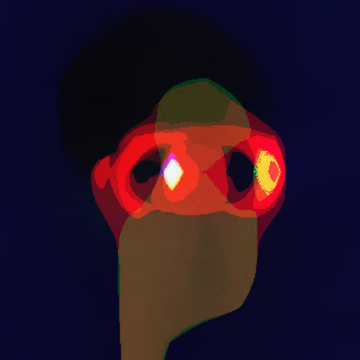 A dark digital painting of a figure wearing glowing red goggles, with a face obscured in shadow against a dark background.