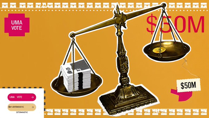 The image shows a coin balance scale with one side having $50M written in pink text and the other side having a small house. The scales are placed on top of each other, creating an interesting visual metaphor for the trade disputes between strategy and Polymarket protocols. A caption at the bottom provides additional information about the image's meaning.