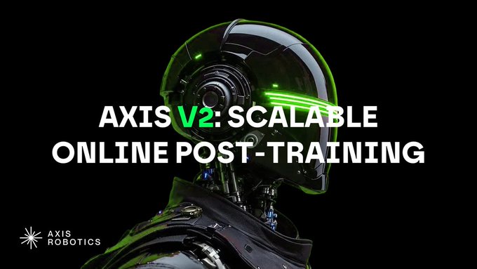 The image shows a futuristic robotic head with glowing green accents against a black background, featuring the text "AXIS V2: SCALABLE ONLINE POST-TRAINING" and the "AXIS ROBOTICS" logo in the bottom left corner.

This visual aligns with the post's introduction of Axis Dagger as a revolutionary product, using the sleek robotic imagery to represent the advanced AI robotics technology that Axis V2 enables through scalable post-training capabilities.