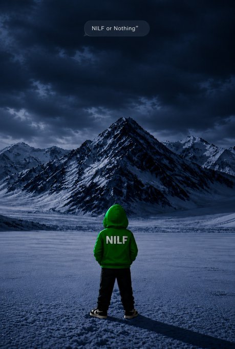 A figure in a green 'NILF' hoodie stands before a snowy mountain, with a speech bubble reading 'NILF or Nothing'.