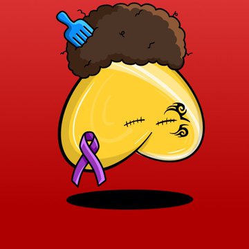 Digital illustration of a cartoon butt on a red background, decorated with an afro and a blue comb on top, a purple ribbon on the left, and a decorative tattoo on the right cheek.