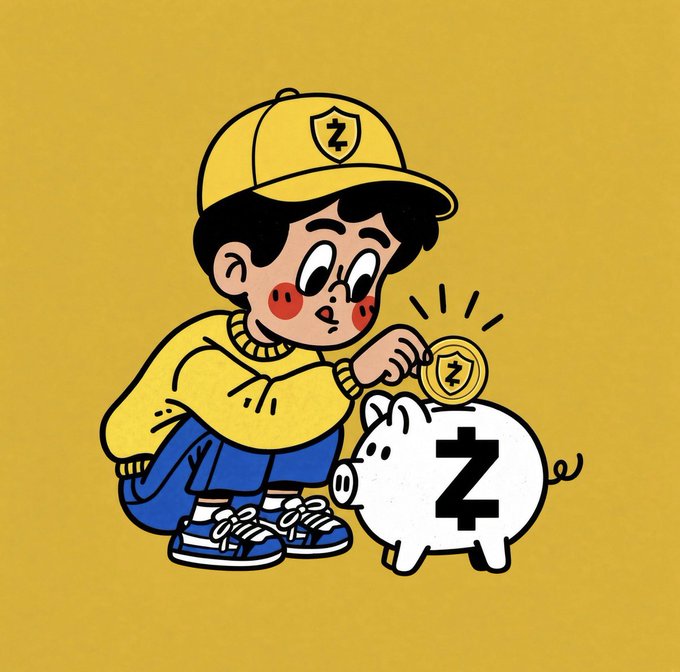 A young boy in a yellow cap and sweater places a coin marked "Z" into a white piggy bank featuring a large "Z" symbol, illustrating the post's message of saving $ZEC (Zcash) for one's children. The cheerful illustration reinforces the theme of stacking Zcash as a long-term investment for the next generation.