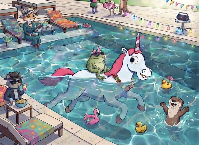 A whimsical illustrated pool scene featuring anthropomorphic animals including a fox in a swimsuit by the pool, a frog riding a unicorn in the water, and an otter with a rubber duck.