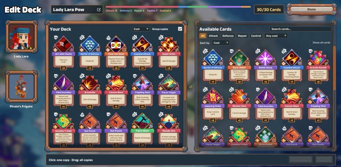 A screenshot of the 'Edit Deck' interface for 'Lady Lara Pow' (Attack 19, Defense 2, Require 1 Tactics 1 Control 3), showing a player's deck of 30/30 cards alongside an 'Available Cards' panel with filtering options.