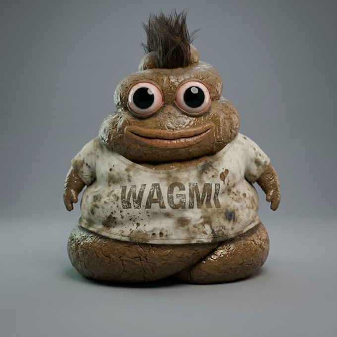 A 3D render of a grotesque, googly-eyed poop emoji-like figure with spiky hair, wearing a dirty white shirt that says 'WAGMI'.