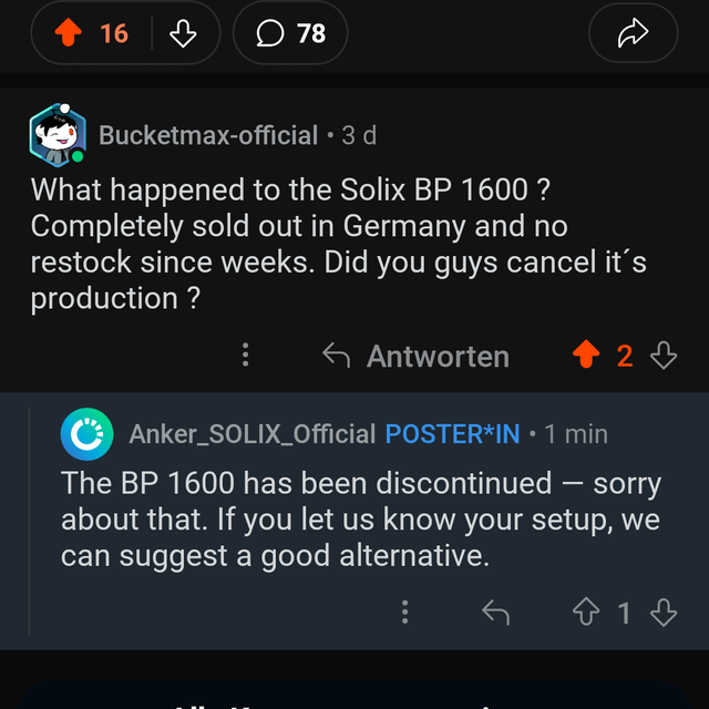A Reddit thread shows user "Bucketmax-official" asking what happened to the Solix BP 1600, noting it's sold out in Germany, and Anker_SOLIX_Official confirms it has been discontinued. The post relates to the image by indicating this is the end of the Solix BP 1600 product, similar to how r/Spielstopp marks discontinued products.