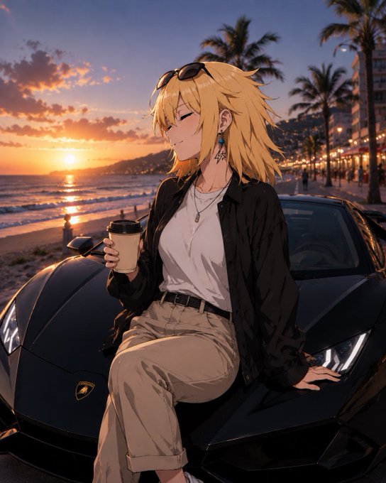 An anime-style illustration depicts a blonde woman holding a coffee cup and sitting on the hood of a black Lamborghini at a beach during sunset.