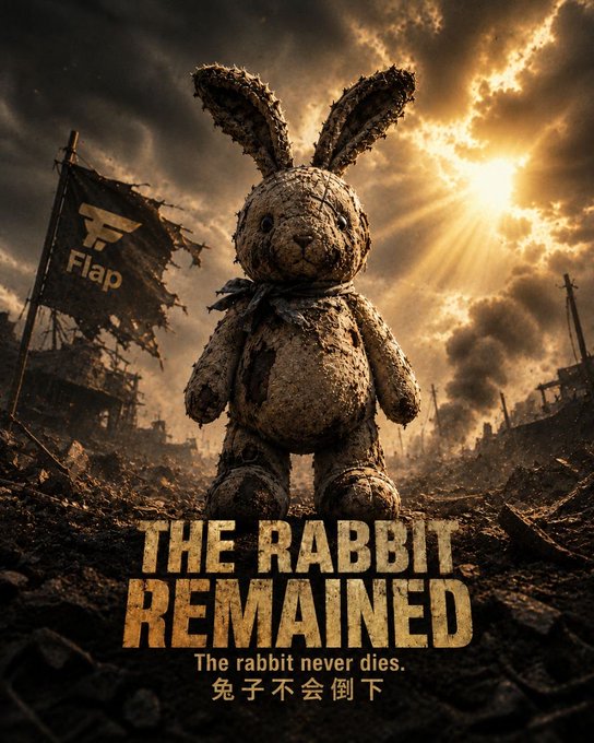 A dark cinematic poster showing a worn stuffed bunny standing in a desolate landscape with the text 'THE RABBIT REMAINED - The rabbit never dies.'