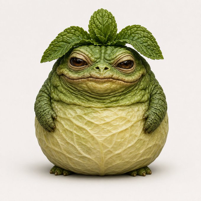 A 3D-rendered creature resembling a Mandrake or Bulbasaur, with a round green and pale-yellow body, sad expressive face, and leafy greens sprouting from the top of its head.