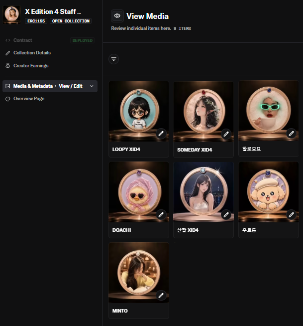 An NFT management dashboard showing the 'X Edition 4 Staff' collection with 9 media items displayed, including character avatars like LOOPY XID4, SOMEDAY XID4, and DOACHI.