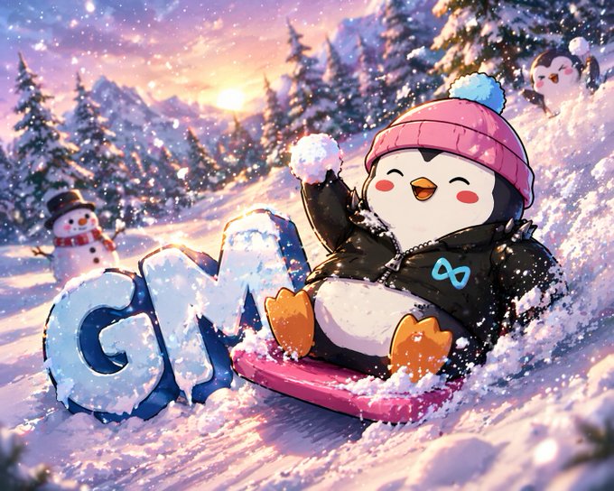 A digital illustration features a happy penguin in a pink beanie sitting in the snow next to icy "GM" letters, with a snowman and mountains in the background.