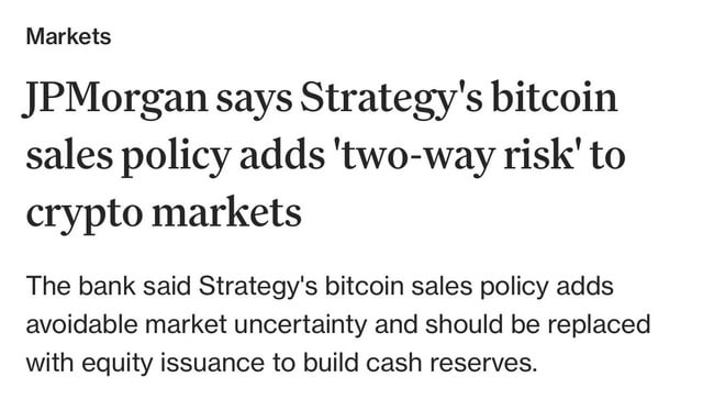 The image shows a news headline stating "JPMorgan says Strategy's bitcoin sales policy adds 'two-way risk' to crypto markets," with a subheading noting the bank recommends replacing this policy with equity issuance to build cash reserves. The headline directly supports the post's claim, as JPMorgan's critique of Strategy's (MSTR) bitcoin sales policy serves as FUD (fear, uncertainty, and doubt) aimed at the stock and crypto markets.