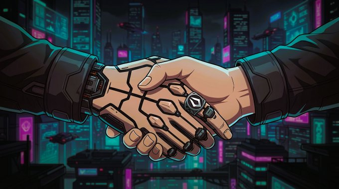 The image features a handshake between two people with their hands meeting in the middle of a cityscape filled with neon lights. The scene takes place at night, adding an element of mystery and intrigue to the overall atmosphere. The caption reads "WE ARE OFFICIALLY CLOSING OUR COLLABS AVAZAKY Wallet submission is live on our discord server, collab wallet winners are already recorded. Eligibility checker will be live soon, stay AVAZAKY!".