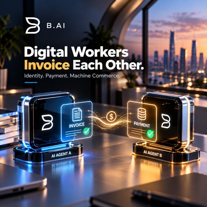 A promotional image for 'B.AI' featuring the text 'Digital Workers Invoice Each Other' alongside two glowing futuristic pedestals labeled 'AI Agent A' displaying an invoice and 'AI Agent B' displaying a payment, connected by a stream of energy.