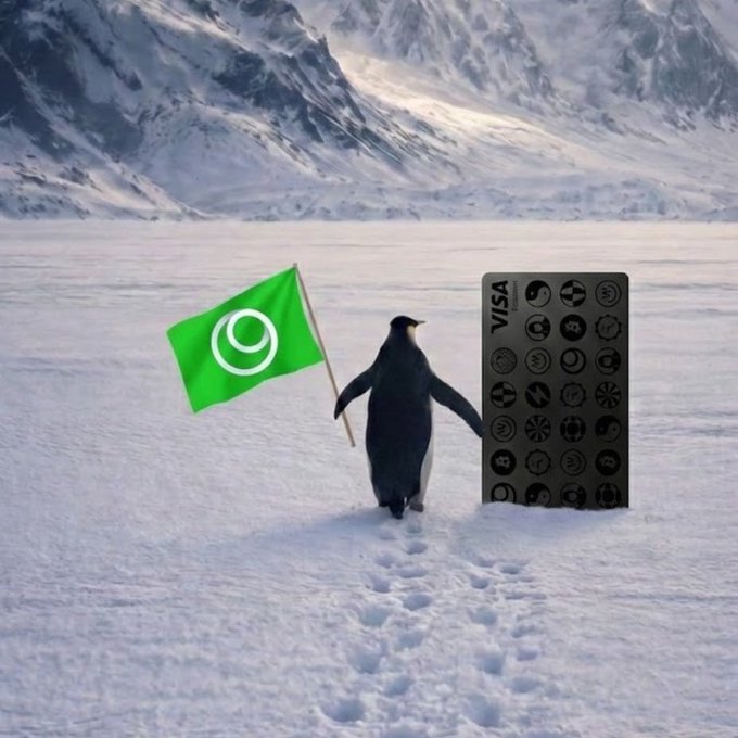 The image features a penguin standing in the snow, holding a green flag that has the number 9 on it. The penguin appears to be walking towards a large black box with various icons representing different forms of payment or cryptocurrency symbols. This scene is related to the post about global spending and crypto adoption, as the penguin represents the concept of adopting new technology into daily life, while the black box symbolizes the integration of digital currency into our everyday transactions. The image serves as a reminder that embracing new technologies can lead to smoother wallet-to-payment flow and automatic Bitcoin rewards, ultimately closing the gap between cryptocurrency and traditional payment methods.