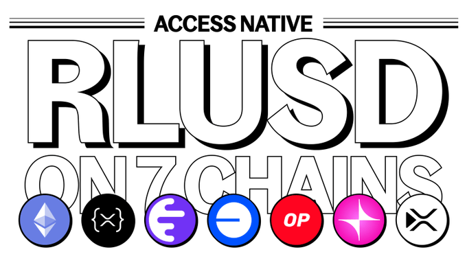 The image features a white banner with black text that reads "Access NativeRLSD On Seven Chains". The banner also includes various logos, such as an "E" for Ethereum, a "P" for Bitcoin, and a "X" for Ripple. These logos are used to represent different cryptocurrency exchanges or platforms related to the native RLUSD coin.