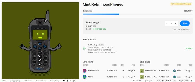 A webpage screenshot displays an NFT minting interface titled 'Mint RobinhoodPhones' for an item priced at 0.0001 ETH, showing a pixel-art old mobile phone character.