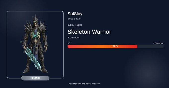 The image shows a screenshot of an online store page for a Skeleton Warrior character, with a sword displayed next to him. The text in the post suggests that this character's health has been depleted, and he needs to earn rewards in order to regain his health or improve his rank. The post also mentions joining battles against opponents as part of the game mechanics, where players can compete for the top damage award.