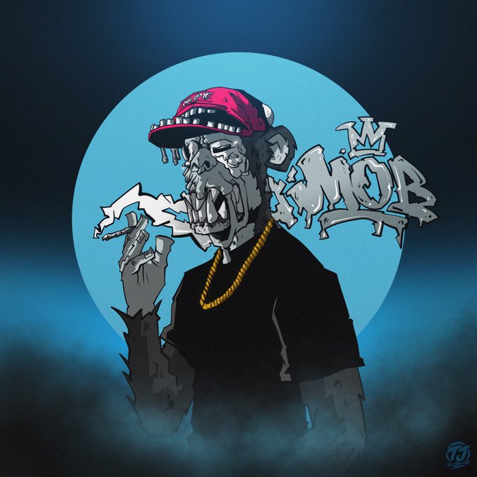 A stylized illustration of a monstrous figure wearing a red cap and gold chain, smoking a cigarette, with graffiti-style text reading 'MOB' against a blue moonlit background.