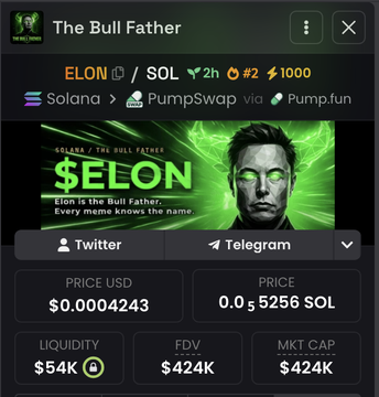 A crypto tracking interface displays $ELON (Elon is the Bull Father) on Solana via PumpSwap/Pump.fun, showing a price of $0.0004243 USD, $54K liquidity, and a $424K market cap alongside an image of a man in green sunglasses. The post promotes a token airdrop for $ELON, aligning with the bullish "Bull Father" branding shown in the tracker.