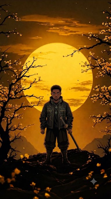 A stylized digital illustration of a young man with a sword standing on a hill beneath a large glowing yellow moon, framed by silhouetted cherry blossom trees.