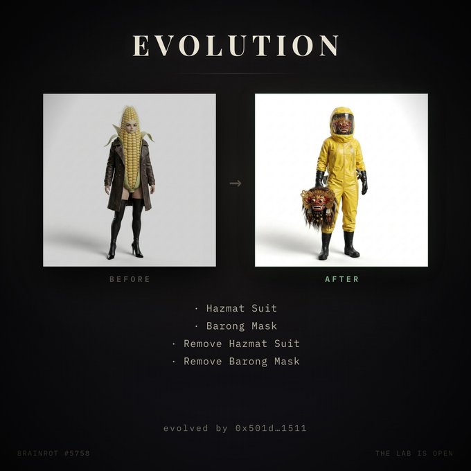 Evolution NFT artwork titled 'EVOLUTION' (Brainrot #5758) showing a 'Before' figure with a corn cob head and 'After' figure in a yellow Hazmat Suit holding a Barong Mask, evolved by 0x501d...1511 with 'THE LAB IS OPEN'.