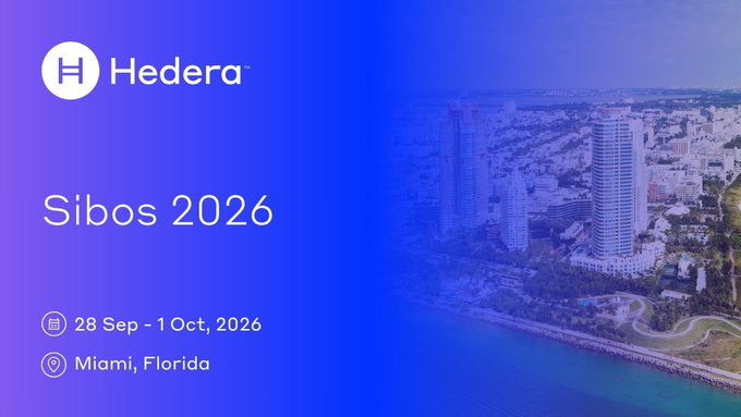 A promotional graphic for Hedera announcing 'Sibos 2026' taking place '28 Sep - 1 Oct, 2026' in 'Miami, Florida' over a coastal city skyline.