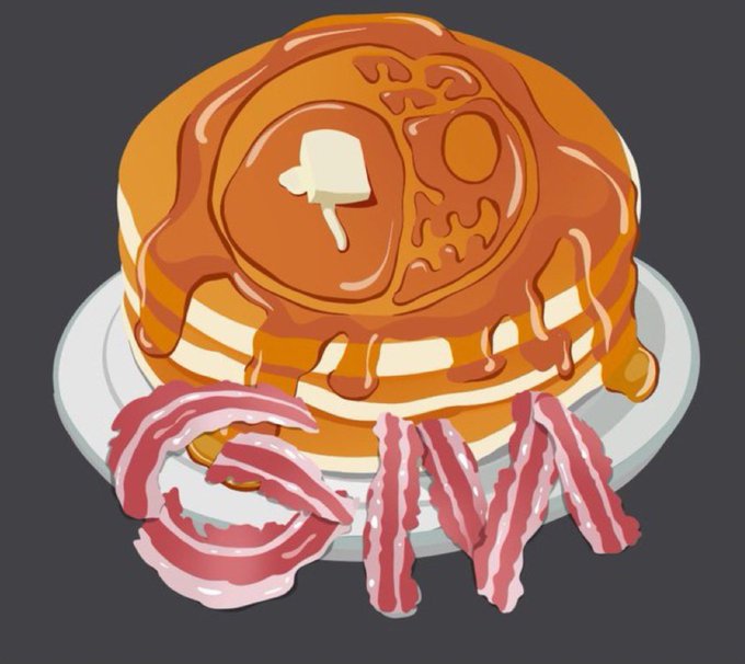 A digital illustration of a stack of pancakes with syrup on top, accompanied by strips of bacon and a pat of butter melting on the plate.