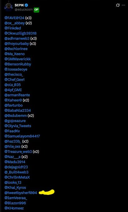 A screenshot of a social media post by verified user @educkcoin, listing numerous tagged Twitter handles with multipliers like '(x3)' and '(x2)', with one entry highlighted in yellow.