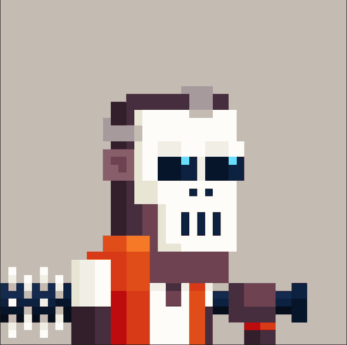 A pixel art character with a white skull-like face, blue eyes, and an orange outfit holds a mechanical weapon against a beige background.