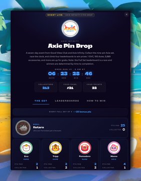 A website for 'Axie Pin Drop' shows a countdown timer of '06 : 23 : 25 : 46' and a leaderboard featuring NFTs labeled 'Potion', 'Origin', 'Tamadoge', and 'Meerkat'.