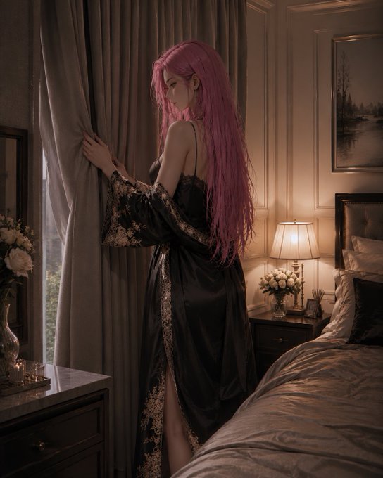 The image features a woman wearing a long black dress, standing by a window next to a bed. She has pink hair that stands out against her dark attire. The room appears to be dimly lit, with curtains drawn back, creating an intimate atmosphere. There are also some flowers in the scene, adding a touch of nature and color to the space.