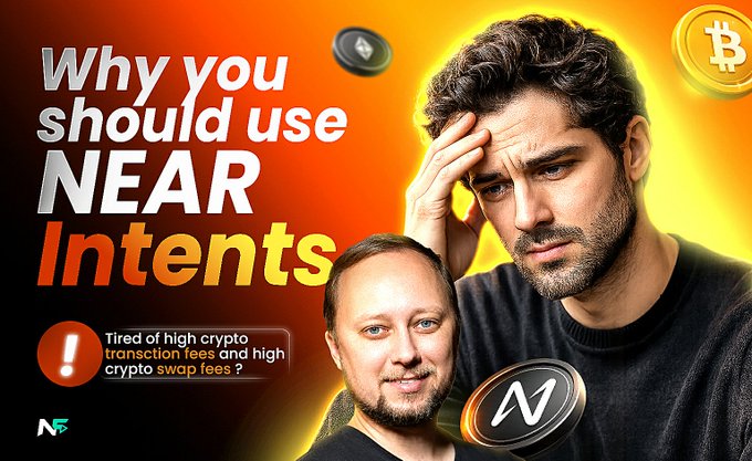 A YouTube-style thumbnail titled 'Why you should use NEAR Intents' with text 'Tired of high crypto transaction fees and high crypto swap fees?', showing two men and Bitcoin/NEAR cryptocurrency icons.