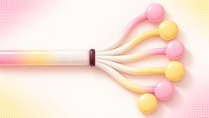 A 3D render of a pink and yellow gradient cord branching into five cords ending in round nodes, secured by a purple band, against a pale pink background.