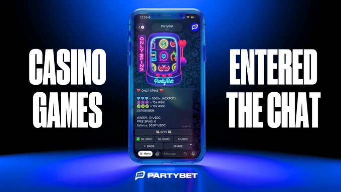 The image features a cell phone displaying a casino game app called "Casino Games" that has just been launched into the chat room, specifically on Telegram. The app allows users to play fast, social casino games directly from their messaging apps with friends. The app also provides information about the game and its rules, as well as the Guestlist for joining the party. The post mentions that "@bonk_inu" is bringing fast, social casino games into the chat room, while "@partybet" has already joined the party.