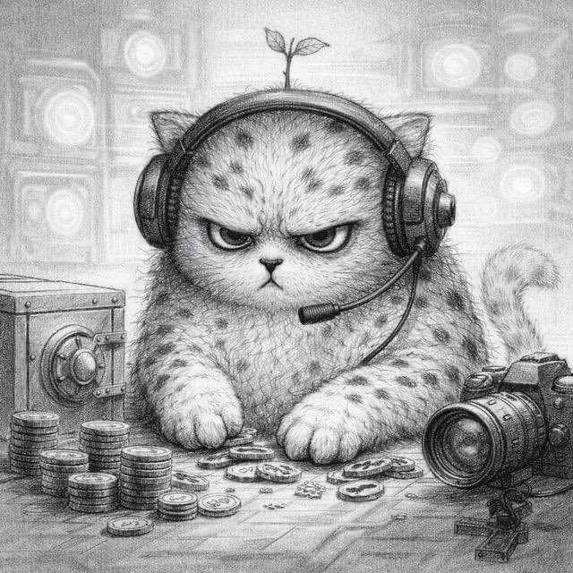 A grumpy-looking cat wearing a headset with a tiny plant sprout on its head sits surrounded by stacks of coins, a camera, and a safe, with a frustrated expression that perfectly captures the post's humor about hitting a token limit and missing lunch.