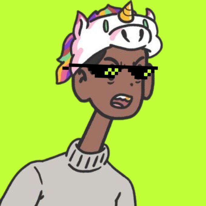 An illustration of a person wearing a white unicorn hat with a rainbow mane, pixelated 'deal with it' sunglasses, and a white sweater against a bright green background.
