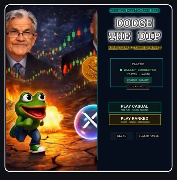 A promotional image for an XRP-based 'play-to-earn' game called 'DODGE THE DIP,' featuring a cartoon frog running from explosions alongside images of Jerome Powell and cryptocurrency charts.