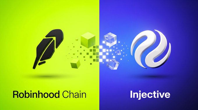 The image displays the logos and names of "Robinhood Chain" on a green background and "Injective" on a blue background, with a pixelated transition in the center symbolizing the integration of Robinhood Chain assets onto the Injective ($INJ) network for institutional adoption.