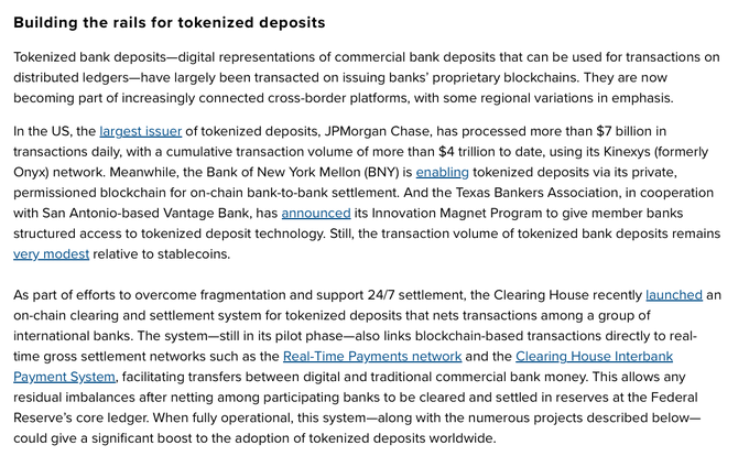 Image 1: An article titled 'Building the rails for tokenized deposits' discussing JPMorgan Chase processing over $7 billion daily in tokenized deposits, the BNY enabling tokenized deposits via Onyx, and the Clearing House launching an on-chain clearing and settlement system.