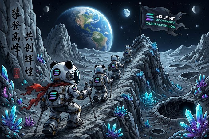 A team of panda-suited astronauts treks across a lunar landscape with Earth in the background, planting a flag branded "SOLANA MOONPANDA CHAIN ASCENSION" atop a rocky peak, surrounded by glowing purple and blue crystals and Chinese characters reading "攀登高峰 共创辉煌" (Climb to the summit, create brilliance together).

The image directly reinforces the post's message by showcasing the updated Solana Moonpanda branding on the flag, featuring the signature teal-purple gradient logo as the astronauts symbolically conquer the lunar frontier.