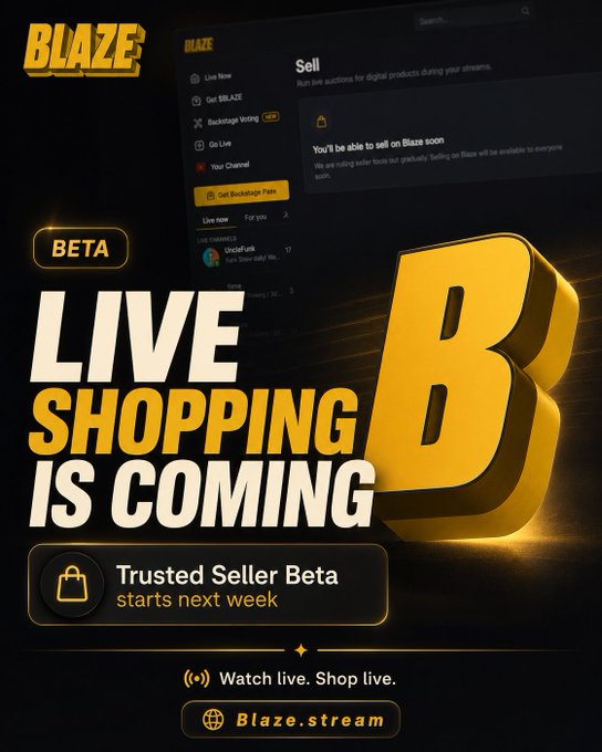 A promotional graphic for "BLAZE" announcing that "LIVE SHOPPING IS COMING" with a "Trusted Seller Beta" starting next week, featuring a large yellow "B" and the tagline "Watch live. Shop live." alongside blazestream.com. The post relates to the image as the user is preparing to host their first Azuki TCG live sale stream on Blaze to demonstrate the platform's new live selling features rolling out next week.