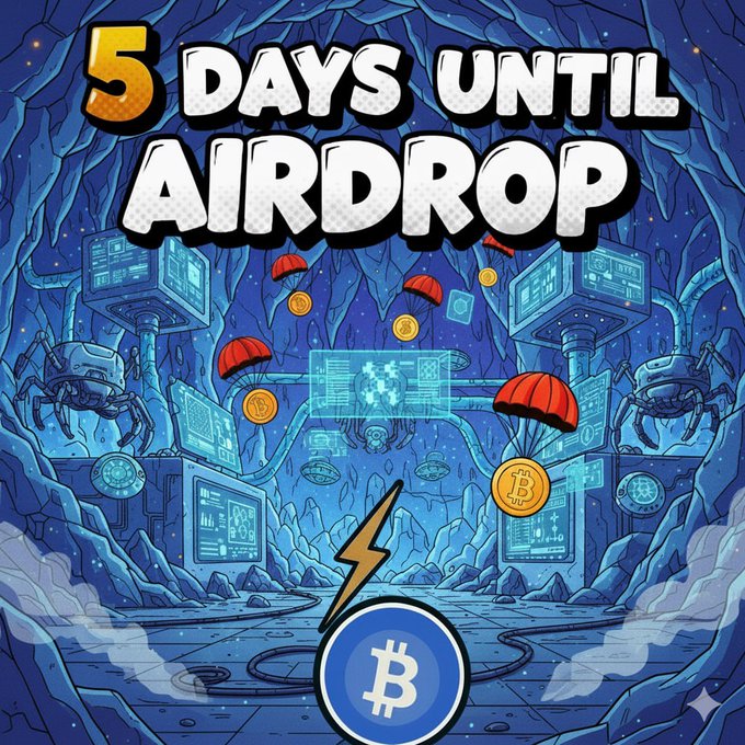 A vibrant illustrated graphic with "5 DAYS UNTIL AIRDROP" in bold text, featuring a sci-fi cave scene with parachuting Bitcoin coins, red parachutes, and a large Bitcoin logo with a lightning bolt at the bottom.