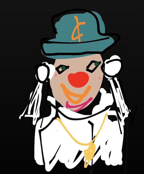 A crude digital drawing of a clown-like figure wearing a teal hat with a 'C' logo, a red nose, gold chain, and white outfit on a black background.