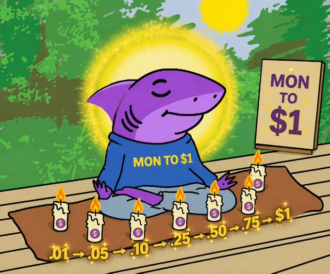 The image features a cartoon shark, wearing a blue shirt with "Mon To 1" written across it, sitting cross-legged on a table surrounded by lit candles of various heights. The shark appears to be meditating or relaxing while surrounded by these candles. The overall atmosphere seems to convey a sense of tranquility and peace as the shark sits there amidst the lit candles, which may also signify its connection with the spiritual or peaceful side of life that this image is promoting.
