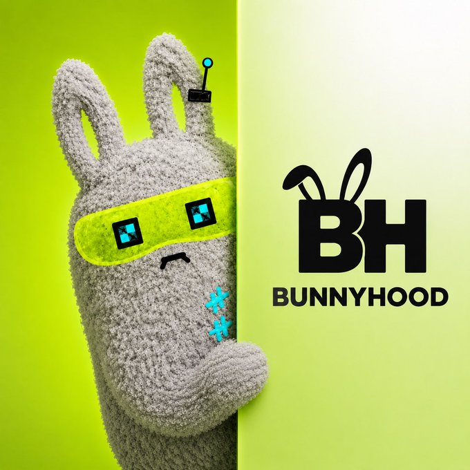 A fluffy gray bunny character with pixelated sunglasses and a small antenna peeks from behind a green corner, alongside the "BunnyHood" logo featuring a stylized "BH" with bunny ears. The image visually represents the BunnyHood NFT collection, whose 3,999 supply is set to launch on the Robinhood Chain as an AI Agent NFT project.