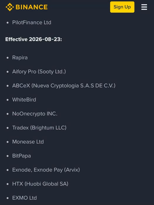 A Binance announcement listing cryptocurrency platforms effective 2026-08-23, including PilotFinance Ltd, Rapira, Aifory Pro (Sooty Ltd.), ABCeX, WhiteBird, NoOnecrypto INC., Tradex, Monease Ltd, BitPapa, Exnode (Arvix), HTX (Huobi Global SA), and EXMO Ltd.