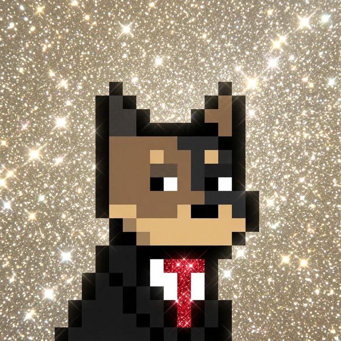 A pixel art depiction of a calico cat with black, brown, and cream markings wearing a black suit jacket and a sparkly red tie, set against a glittering gold background.